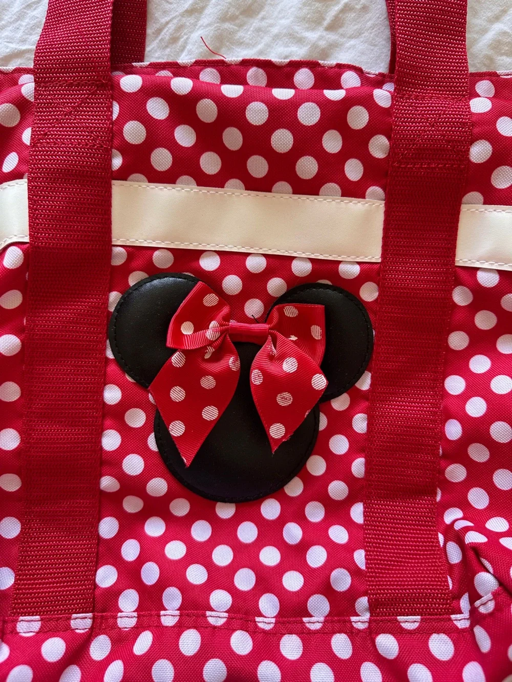 Disney Red and White Polka Dot Minnie Tote Bag with Black Bow Accent